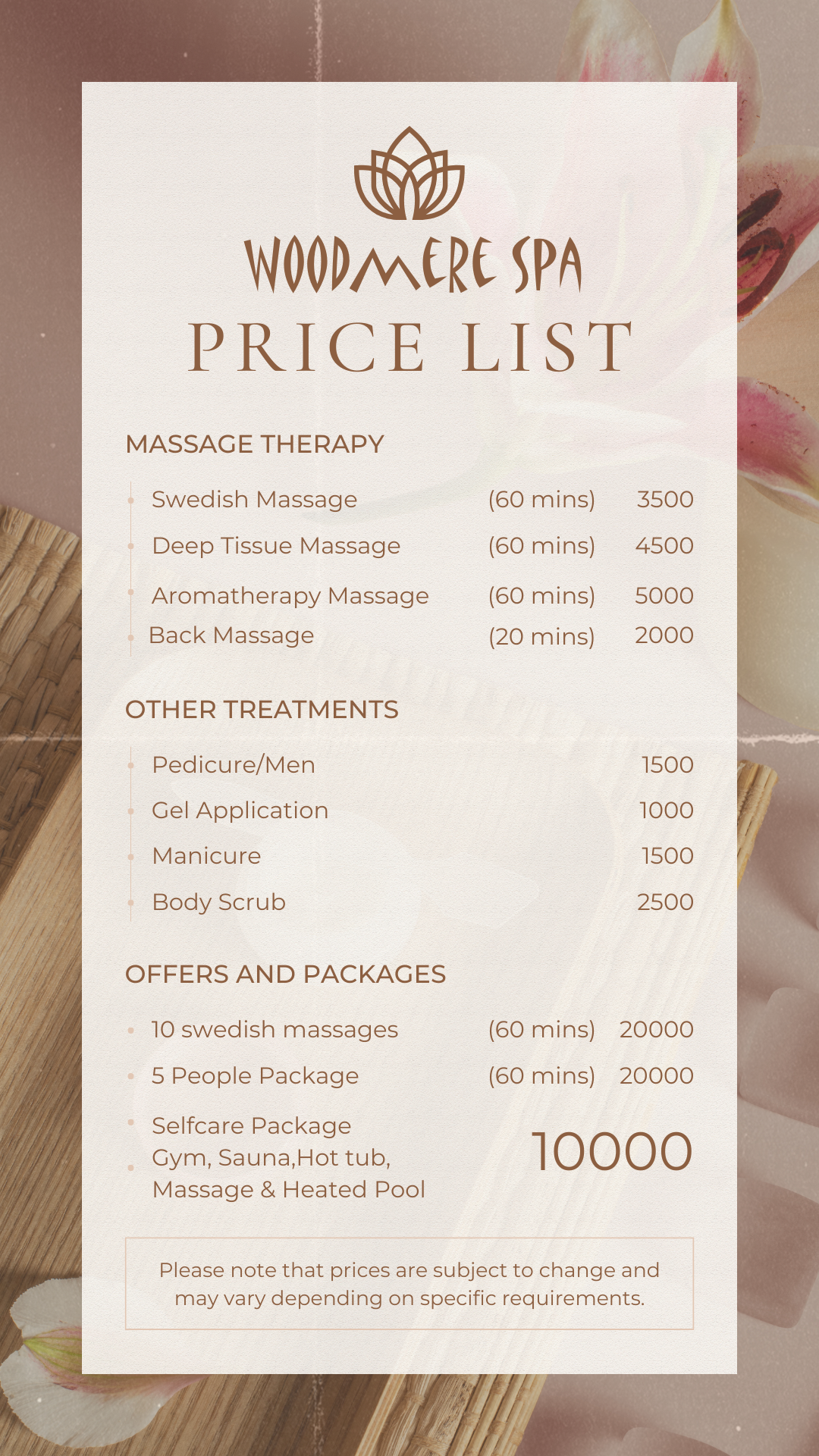 Woodmere Grand Hotel Massage pricelist